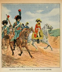 Ilustração de Bombled Louis (1862-1927) do livro "The Memorial se Sainte Helene" do Conde Emmanuel de Las Cases (1766-1842): O Primeiro Cônsul e Caçadores da Guarda Consular, Coleção Particular