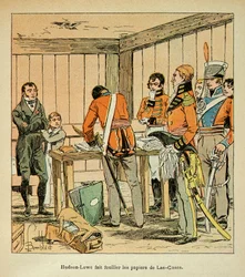 Ilustração de Bombled Louis (1862-1927) do livro "The memorial se Sainte Helene" do Conde Emmanuel de Las Cases (1766-1842): Hudson Lowe (1769-1844) faz os papéis de Las Cases pesquisados, Coleção Privada