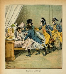 Ilustração de Bombled Louis (1862-1927) do livro "The memorial se Sainte Helene" do Conde Emmanuel de Las Cases (1766-1842): Prisão de Jean Charles Pichegru (1761-1804) em 28 de fevereiro de 1804, Coleção Particular
