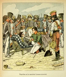 Ilustração de Bombled Louis (1862-1927) do livro "The memorial se Sainte Helene" do Conde Emmanuel de Las Cases (1766-1842): Morte de Marechal Jean Lannes (1769-1809), O Imperador Napoleão tem os seus Cotes, Coleção Privada