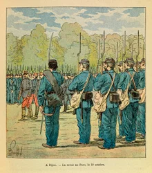 «O Exército do Leste» de Eugène Sergeant, dito Grenest, ilustrado por Louis Bombled (1862-1927) (Guerra Franco-Prussiana; campanha de 1870-1871): Em Dijon, o armazém da Guarda Nacional no parque em 19 de outubro
