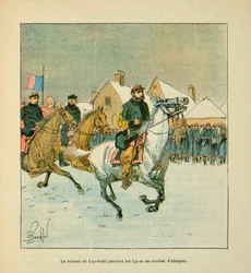 A Armee of the Loire de Eugene Sergeant, dit Grenest, ilustrada por Louis Bombled (1862-1927) (Guerra Franco-Alemã; campanha de 1870-1871): O Coronel Lipowski viaja pelas linhas de batalha de Alencon em janeiro de 1871, Coleção Privada