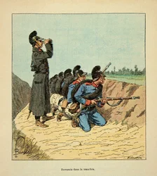 A Arma do Loire por Eugene Sergeant, conhecida como Grenest, ilustrada por Louis Bombled (1862-1927) (Guerra Franco-Alemã; campanha de 1870 -1871): Militares bávaros em uma trincheira em 1870, Coleção privada