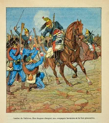 A Arma do Loire por Eugene Sergent, conhecido como Grenest, ilustrado por Louis Bombled (1862-1927) (Guerra Franco-Alemã; campanha de 1870 -1871): Batalha de Vallieres em novembro de 1870, dragões franceses acusam uma companhia bávara e a fazem prisioneira