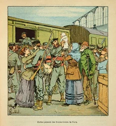 A Arma do Loire por Eugene Sergent, conhecido como Grenest, ilustrado por Louis Bombled (1862-1927) (Guerra Franco-Alemã; campanha de 1870-1871): Embarque do Batalhão dos Francos-Shoirers de Paris para Chateaudun em outubro de 1870, Coleção Particular