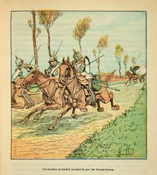 A Arma do Loire por Eugene Sergent, conhecido como Grenest, ilustrado por Louis Bombled (1862-1927) (Guerra Franco-Alemã; campanha de 1870 -1871): Cuirassiers prussianos perseguidos pelos Freicistas em outubro de 1870, Coleção Privada