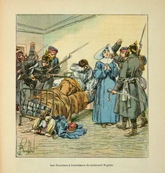 A Arma do Loire por Eugene Sergent, conhecido como Grenest, ilustrado por Louis Bombled (1862-1927) (Guerra Franco-Alemã; campanha de 1870 -1871): Prussianos na ambulância do Boulevard Negrier au Mans em janeiro de 1871, Coleção Privada