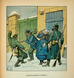 A Arma do Loire por Eugene Sergent, conhecido como Grenest, ilustrado por Louis Bombled (1862-1927) (Guerra Franco-Alemã; campanha de 1870-1871): Em Beaugency, os habitantes se defendem contra os brutos prussianos em dezembro de 1870, Private Collec