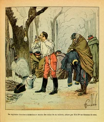 The Eastern Armee of Eugene Sergeant, dit Grenest, ilustrado por Louis Bombled (1862-1927) (Guerra Franco-Alemã; campanha de 1870-1871): O Capitão Gaucher não abdica de nenhum dos cuidados com a sua casa de banho mesmo em pleno Inverno, Colecção Privada