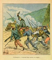 The Eastern Armee of Eugene Sergeant, dit Grenest, ilustrado por Louis Bombled (1862-1927) (Guerra Franco-Alemã; campanha de 1870-1871): O General Dupre tem a cabeça de seus homens na Batalha de La Bourgonce em outubro de 1870, Coleção Privada
