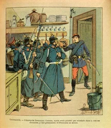 The Eastern Armee of Eugene Sergeant, dit Grenest, ilustrado por Louis Bombled (1862-1927) (Guerra Franco-Alemã; campanha de 1870-1871): Em Contrexeville, o intrepide Tenente Coumes, depois de entrar na casa comum, fez 16 prisioneiros prussianos em uma