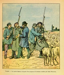A Armee Oriental do Sargento Eugene, dit Grenest, ilustrada por Louis Bombled (1862-1927) (Guerra Franco-Alemã; campanha de 1870 -1871): O Martin móvel, disfarçado de camponês, apreendeu um rebanho de ovelhas conduzido por dois prussianos a Langres em nove