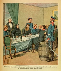 A Armee Oriental do Sargento Eugene, dit Grenest, ilustrada por Louis Bombled (1862-1927) (Guerra Franco-Alemã; campanha de 1870 -1871): Em Rougemont, os oficiais alemães foram entregues antes de partirem, pela senhora da casa onde estão alojados, uma soma