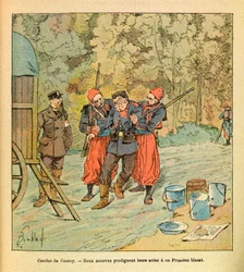 A Armee Oriental do Sargento Eugene, dit Grenest, ilustrada por Louis Bombled (1862-1927) (Guerra Franco-Alemã; campanha de 1870 -1871): Batalha de Cussey, outubro de 1870, dois Zouaves prestam cuidados a um prussiano ferido, Coleção Parcial