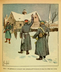 A Armee Oriental do Sargento Eugene, dit Grenest, ilustrada por Louis Bombled (1862-1927) (Guerra Franco-Alemã; campanha de 1870 -1871): Janeiro de 1871-Arcey, um parlamentar alemão vem reclamar, na 60ª marcha, o corpo de um oficial que mata em Aibre