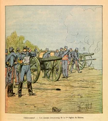 A Armee Oriental do Sargento Eugene, dit Grenest, ilustrada por Louis Bombled (1862-1927) (Guerra Franco-Alemã; campanha de 1870 -1871): Em frente a Chateauneuf, os cânones Armstrong da Primeira Legião do Ródano em dezembro de 1870, Coleção Privada