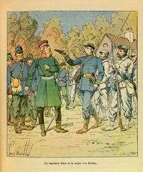 The Eastern Armee of Eugene Sergeant, dit Grenest, ilustrado por Louis Bombled (1862-1927) (Guerra Franco-Alemã; campanha de 1870-1871): Em Franche Comte, o capitão dos Huot Freiciners capturou o Major Von Kelken durante a mão de Raze em 30 de outubro de 1