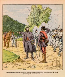 The Eastern Armee of Eugene Sergeant, dit Grenest, ilustrado por Louis Bombled (1862-1927) (Guerra Franco-Alemã; campanha de 1870-1871): Coronel Bourras durante os combates dos Brouvelieures em Outubro de 1870, Colecção Privada