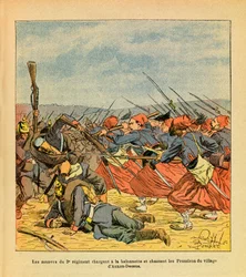 The Eastern Armee of Eugene Sergeant, dit Grenest, ilustrado por Louis Bombled (1862-1927) (Guerra Franco-Alemã; campanha de 1870-1871): Os Zouaves do 3º Regimento carregam um baionete e expulsam os prussianos da aldeia de Auxon-Dessus durante a