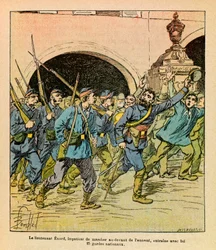 The Eastern Armee of Eugene Sergeant, dit Grenest, ilustrado por Louis Bombled (1862-1927) (Guerra Franco-Alemã; campanha 1870-1871): Durante os combates em Epinal, em outubro de 1870, o tenente Enard avidamente caminhava na frente do inimigo, liderando co