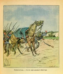 A Armee Oriental do Sargento Eugene, conhecida como Grenest, ilustrada por Louis Bombled (1862-1927) (Guerra Franco-Alemã; campanha de 1870-1871): Novembro de 1870, durante as batalhas de Brazey, o Major Prussiano Saint Ange é abatido, Colecção Privada