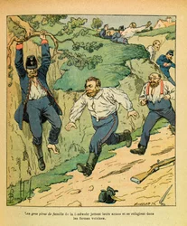 A Armee Oriental do Sargento Eugene, conhecida como Grenest, ilustrada por Louis Bombled (1862-1927) (Guerra Franco-Alemã; campanha de 1870 -1871): Tropas alemãs fogem de Chatillon sur Seine antes das tropas da Ricciotti Garibaldi em novembro de 1870, Cole