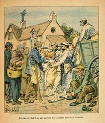 A Armee Oriental do Sargento Eugene, conhecida como Grenest, ilustrada por Louis Bombled (1862-1927) (Guerra Franco-Alemã; campanha de 1870-1871): Os motivos do Coronel Bourras distribuíram aos pobres os restos mortais tirados do inimigo, Coleção Particula