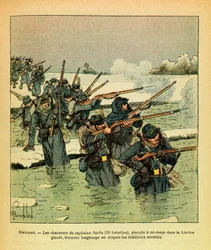 A Armee Oriental do Sargento Eugene, conhecida como Grenest, ilustrada por Louis Bombled (1862-1927) (Guerra Franco-Alemã; campanha de 1870 -1871): Janeiro de 1871, Hericourt, os caçadores do Capitão Sarda mergulham meio corpo no Ice Lisaine, mantêm por mu