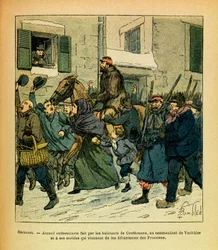 A Armee Oriental do Sargento Eugene, conhecida como Grenest, ilustrada por Louis Bombled (1862-1927) (Guerra Franco-Alemã; campanha de 1870 -1871): Janeiro de 1871, Hericourt, entusiasmo feito pelos habitantes de Couthenans, ao comandante de Vaulchier e ao