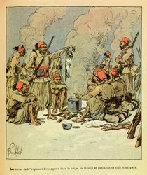 A Armee Oriental do Sargento Eugene, conhecida como Grenest, ilustrada por Louis Bombled (1862-1927) (Guerra Franco-Alemã; campanha de 1870 -1871): Janeiro de 1871, os Turcos do 1º regimento bivouaent na neve, em blusas e calças de lona e taxa nua