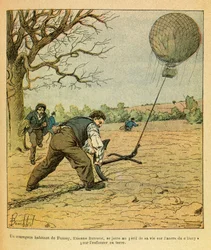 A Armee Oriental do Sargento Eugene, conhecida como Grenest, ilustrada por Louis Bombled (1862-1927) (Guerra Franco-Alemã; campanha de 1870 -1871): Batalha de Noites Saint Georges; os camponeses tentam segurar um balão de observação, Coleção Privada