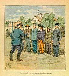 O Exército do Leste de Eugène Sergeant, conhecido como Grenest, ilustrado por Louis Bombled (1862-1927) (Guerra Franco-Prussiana; campanha de 1870-1871): O treino dos guardas nacionais no campo para defender o território, Coleção particular.