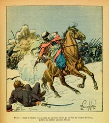 O Exército do Leste de Eugène Sergeant, conhecido como Grenest, ilustrado por Louis Bombled (1862-1927) (Guerra Franco-Prussiana; campanha de 1870-1871): janeiro de 1871, um cavaleiro negro ao serviço do coronel De Vezet acaba com um oficial prussiano
