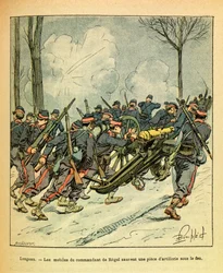 A Armee Oriental do Sargento Eugene, conhecida como Grenest, ilustrada por Louis Bombled (1862-1927) (Guerra Franco-Alemã; campanha de 1870-1871): Dezembro de 1870, durante a Batalha de Longeau, os motivos do comandante de Regel resgataram um canhão sob fo