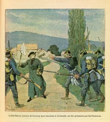 A Armee Oriental do Sargento Eugene, conhecida como Grenest, ilustrada por Louis Bombled (1862-1927) (Guerra Franco-Alemã; campanha de 1870-1871): Abbe Barret deixando Devecey para se juntar aos franceses foi feito prisioneiro pelos prussianos durante os c