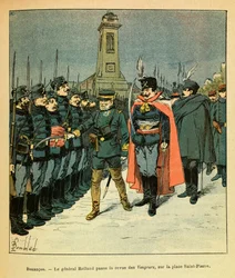 A Armee Oriental do Sargento Eugene, conhecida como Grenest, ilustrada por Louis Bombled (1862-1927) (Guerra Franco-Alemã; campanha de 1870-1871): Em Besancon, o General Rolland revê a companhia "Avengers" encomendada por Malicki, Private Collection