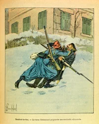 A Armee Oriental do Sargento Eugene, conhecida como Grenest, ilustrada por Louis Bombled (1862-1927) (Guerra Franco-Alemã; campanha de 1870 -1871): No Dombrot Le Sec, o turco Mohammed esfaqueia uma sentinela alemã, Coleção Privada