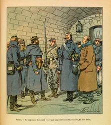 A Armee Oriental do Sargento Eugene, conhecida como Grenest, ilustrada por Louis Bombled (1862-1927) (Guerra Franco-Alemã; campanha de 1870-1871): Salins, Capitão Brichard recebendo um parlamentar prussiano em Fort Belin a Salins les Bains, Coleção Privada