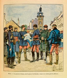 A Armee Oriental do Sargento Eugene, conhecida como Grenest, ilustrada por Louis Bombled (1862-1927) (Guerra Franco-Alemã; campanha de 1870 -1871): Batalha de Nuits Saint Georges; o General Cremer na Praça das Marcas dá as suas ordens de defesa, Dezembro d