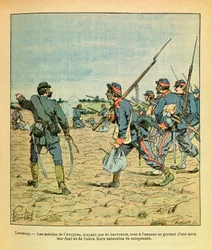 A Armee Oriental do Sargento Eugene, conhecida como Grenest, ilustrada por Louis Bombled (1862-1927) (Guerra Franco-Alemã; campanha de 1870 -1871): Batalha de Lantenay em novembro de 1870, os telefones celulares Aveyron, sem teresacs, vão para o inimigo ca