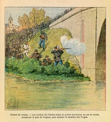 A Armee Oriental do Sargento Eugene, conhecida como Grenest, ilustrada por Louis Bombled (1862-1927) (Guerra Franco-Alemã; campanha de 1870-1871): Les mobiles des Hautes Alpes dão uma mão ao batalhão de Vosges durante o combate de Cussey no Ognon (dou