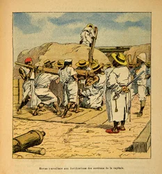 A Guerra em Madagáscar - História das Expedições Francesas de 1885-1895 por Henri Galli dit Galllichet (1854-1922), ilustrada por Louis Bombled (1862-1927): Hovas trabalhando nas fortificações da capital em 1895, Coleção Privada