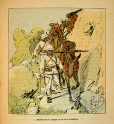 A Guerra em Madagáscar - História das Expedições Francesas de 1885-1895 por Henri Galli dit Galllichet (1854-1922), ilustrada por Louis Bombled (1862-1927): Artilharia de montanha na estrada Andriba para Madagáscar em 1895, Coleção Particular