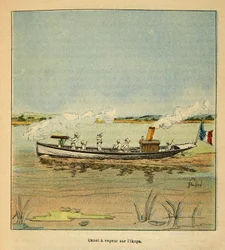 A Guerra em Madagáscar - História das Expedições Francesas de 1885-1895 por Henri Galli dit Galllichet (1854-1922), ilustrada por Louis Bombled (1862-1927): Canonniere francês sobre o rio Ikopa em Madagáscar em 1895, Coleção Particular