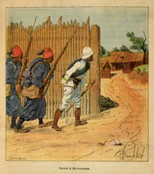 A Guerra em Madagáscar - História das Expedições Francesas de 1885-1895 por Henri Galli dit Galllichet (1854-1922), ilustrada por Louis Bombled (1862-1927): Tropas francesas entraram na aldeia de Mevatanana em 1895, Colecção Privada