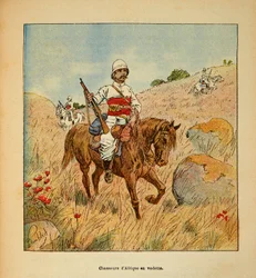A Guerra em Madagáscar - História das Expedições Francesas de 1885-1895 por Henri Galli dit Galllichet (1854-1922), ilustrada por Louis Bombled (1862-1927): Caçador da África em escotismo em Madagáscar em 1895, Coleção Privada