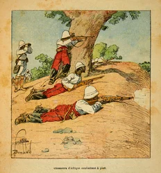 A Guerra em Madagáscar - História das Expedições Francesas de 1885-1895 por Henri Galli dit Galllichet (1854-1922), ilustrada por Louis Bombled (1862-1927): Caçadores da África lutando a pé em Madagáscar em 1895, Coleção Privada
