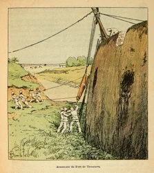 A Guerra em Madagáscar - História das Expedições Francesas de 1885-1895 por Henri Galli dit Galllichet (1854-1922), ilustrada por Louis Bombled (1862-1927): Armando o Forte de Tamatave pelas tropas francesas em 1895, Coleção Privada