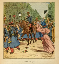 A Guerra em Madagáscar - História das Expedições Francesas de 1885-1895 por Henri Galli dit Galllichet (1854-1922), ilustrada por Louis Bombled (1862-1927): A 200ª linha deixa Lyon para Madagáscar em 1895, Coleção Particular