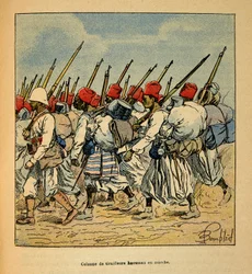 A Guerra em Madagáscar - História das Expedições Francesas de 1885-1895 por Henri Galli dit Galllichet (1854-1922), ilustrada por Louis Bombled (1862-1927): Coluna de Haoussas Tirailleurs marchando em 1895, Coleção Particular